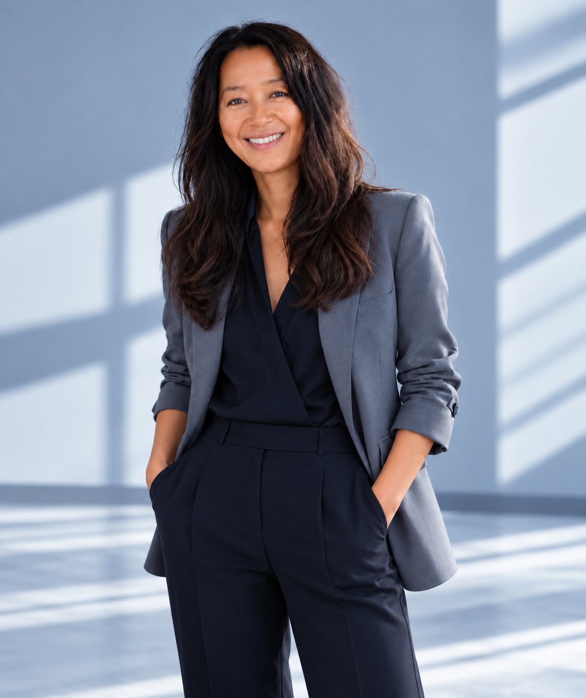 Anne Marie Mondrup smiling, standing in a grey blazer and navy trousers in a sunlit room